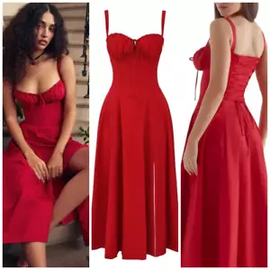 Red Bustier Corset Maxi Dress XXL Milkmaid Boho Midriff Waist Shaper Romantic - Picture 1 of 18