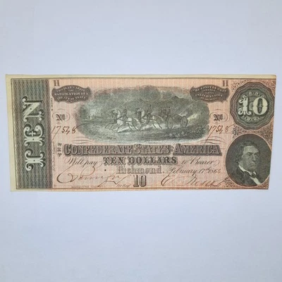 Billete auténtico de 10 dólares de los Estados Confederados de América de 1864 UNC #BN11/1 Foto 1 de 3