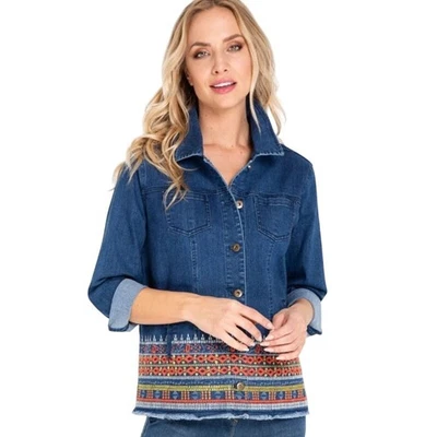 Chaqueta de mezclilla de cuatro bolsillos bordada multicolor azul múltiple para mujer grande  Foto 1 de 4