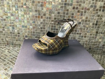 Authentic Prada Plaid  Wedge Platform 100 Vinchy Col Size 37 Brown Leather - Image 1 of 4