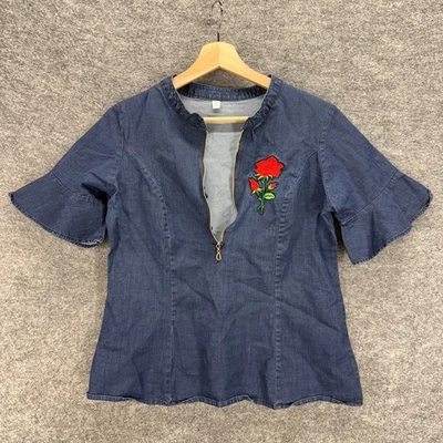 Unbranded Blouse Women XL Blue Floral Denim Dark Zipper Short Sleeve Embroidered - Image 1 of 4
