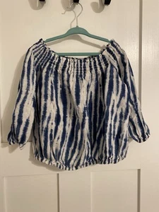 Polo Ralph Lauren Girls Size 6 Shibori Off The Shoulder Blue White Linen Blouse - Picture 1 of 8
