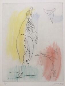 Léopold SURVAGE 1879-1968.Cheval et oiseau ,1954.Burin et aquarelle.SBD.40x32