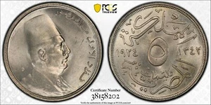 EGYPT , 5 MILLIEMES KING FUAD 1924 PCGS MS 64 ( 16 ) , RARE - Picture 1 of 1