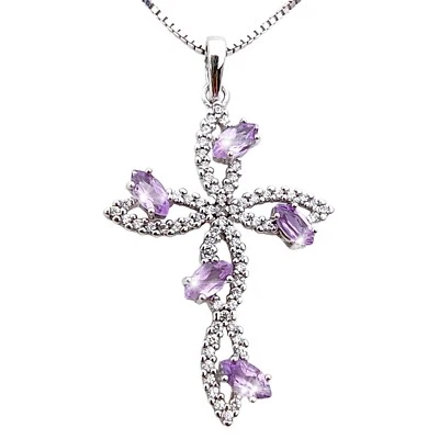 Collana in argento 925 Croce Pendente con Ametista girocollo da donna religioso - Immagine 1 di 4