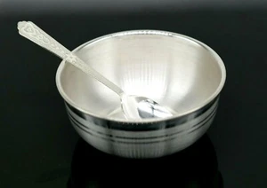 Pure 999 fine silver bowl and spoon, silver baby dinner set, baby utensils sv43 - Picture 1 of 8