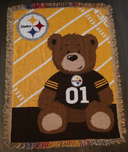 Vintage 80s 90s Pittsburgh Steelers Northwest Co Woven Throw Blanket Teddy Bear