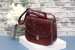 Wine Mexican Leather Hand tooled Floral Clutch Purse with Gold Snap Closure - Picture 1 of 8