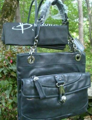 NEW B Makowsky BLACK Leather Drew Tote. Dust Bag, MSRP $298! "Vintage Look" - Image 1 of 4