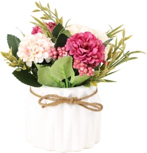 Artificial Hydrangea Bouquet with Small Ceramic Vase Fake Silk Variety Flower Ba - Picture 1 of 7