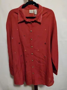 Koret City Blues women's size 16W top red stripe floral LS collared buttons EUC - Picture 1 of 6