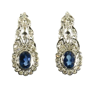 Solid 14k Gold Natural Sapphire Natural Diamond Dangle Stud Earrings - Picture 1 of 13
