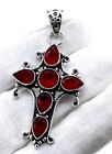 925 Sterling Silver Red Emerald Gemstone Handmade Jewelry Cross Pendant Size-2"