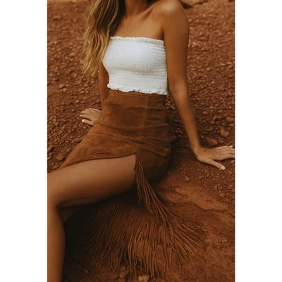 Via Accenti бахрома желтовато-коричневый замши кожи коричневый Midi юбка 6 - Изображение 1 из 4