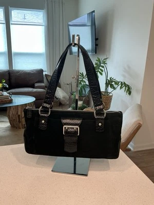 Bolso de Hombro Lauren Ralph Lauren Negro Genuino Gamuza/Croc Borde en Relieve  Foto 1 de 4