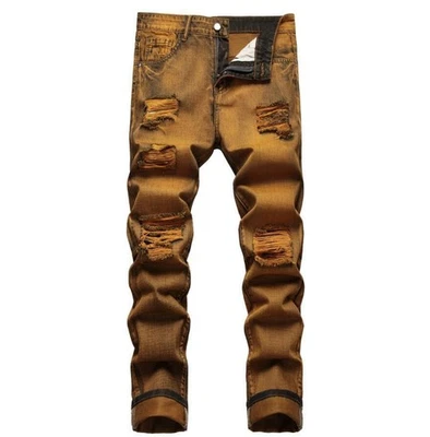 Men's Bronze Denim Ripped Jeans Casual Straight Leg Punk Hip Hop Pants Trousers# - image 1 of 4