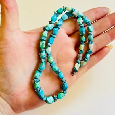 blue turquoise 1990s Necklace real Beads Collar BOHO western sterling 925 16" - Image 1 of 4