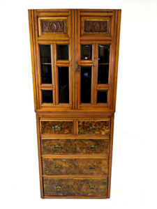 Oak DRESSER 5 Drawers 2 Doors 1 Shelf Carvings Brass Bookcase Antique Walnut