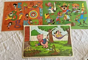 Vintage Placemats Childrens Coated Set 3 1970s Porky Pig Alphabet Nursery Rhymes - Picture 1 of 10