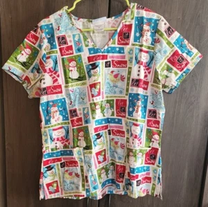 SB Scrubs Snowman Let It Snow Christmas Winter Holiday Scrub Top Size M - Picture 1 of 3