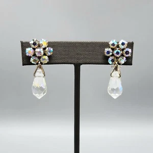 Vintage Weiss Clear AB Briolette Crystal Rhinestone Drop Dangle Clip Earrings - Picture 1 of 10