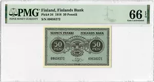 Finland 50 Pennia 1918, PMG 66 EPQ, "Finlands Bank" Pick# 34 - Picture 1 of 2