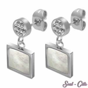 1 Paar Ohrstecker Ohrringe Perlmutt Anhänger Muschel Strass Stein eckig silber - Bild 1 von 1