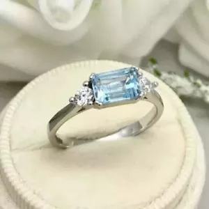 3.20Ct Emerald Cut Created Aquamarine Women's Wedding Ring 14K White Gold Plated - Picture 1 of 4