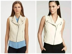 WOMENS THEORY ZIDA BUTTERY LAMB LEATHER BONE BEIGE MOTO VEST ZIPPERS $845 P - Picture 1 of 12