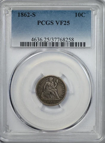 1862-S Liberty Seated Dime 10C PCGS VF25 Cover