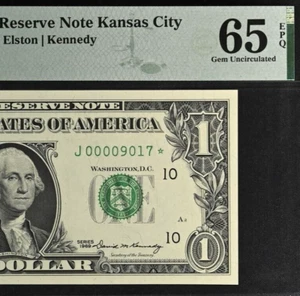 1969 $1 FRN Kansas City Star PMG 65EPQ birthday low serial number star 00009017* - Picture 1 of 3