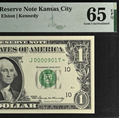 1969 $1 FRN Kansas City Star PMG 65EPQ birthday low serial number star 00009017* - Image 1 of 3