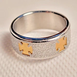 ION Plated Yellow Gold YG Crosses on Sparkle Cut 316L Stainless Steel Ring Sz 8 - Picture 1 of 5