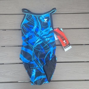 TYR Sonic Wave 1pc Swimsuit - Blue Lycra Youth Girls Size 22 New - Picture 1 of 3