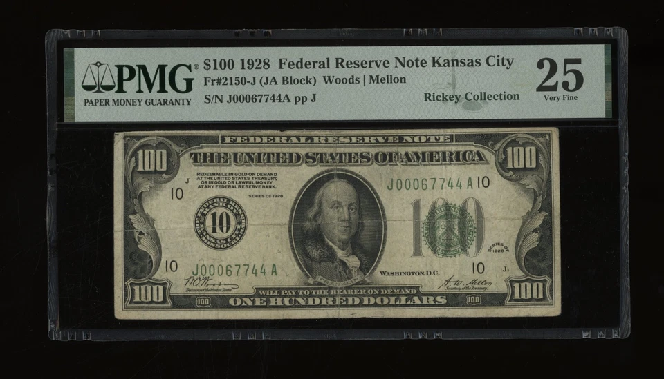 DBR 1928 $100 Kansas City Numeral Fr. 2150-J PMG 25 Serial J00067744A - Image 1 of 2