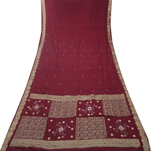 Tela Sari Tejida de Colección Saree Rojo 100 % Puro Mysore Crepe Seda Zari con Cuentas - Imagen 1 de 6