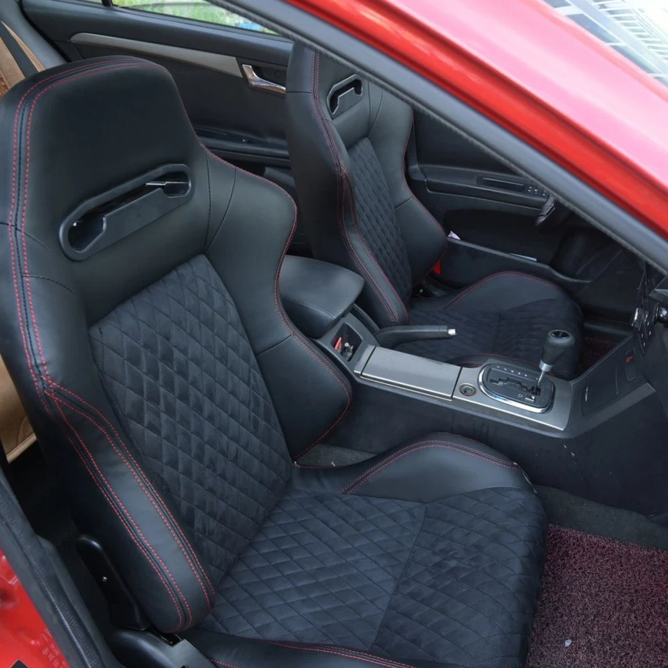 2Pcs Universal Reclinable Racing Seats Black & Red Line PU Leather Bucket Seats Foto 1 de 4