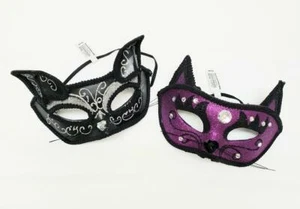 Masquerade Halloween Eye Masks Cat Animal Glitter & Rhinestones, Black & Purple  - Picture 1 of 10