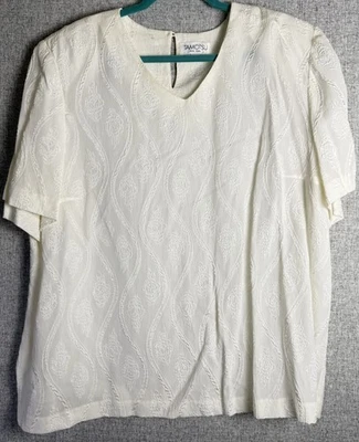 Blusa de manga curta vintage anos 80/90 damasco jacquard floral marfim camisa 1XL/2XL - Imagem 1 de 4