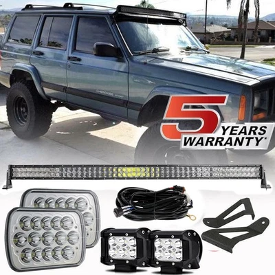 50" Curved LED Light Bar Headlights & 4" Pods Mount Brakcet Kit For Cherokee XJ Foto 1 de 4