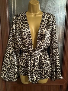 Leopard Print Satin Wrapped Top Belted - Picture 1 of 7