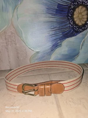Cinturón Coach 3802 Natural Beige Lino Rayas Rojas Marrón Cuero Puntas Talla 28 Foto 1 de 4