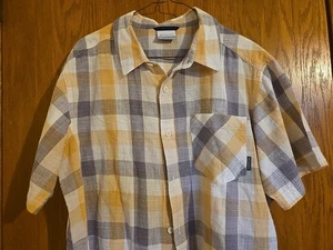Columbia Button Down Shirt  Short Sleeve Tan Gray Striped L Reg 100% Cotton EUC - Picture 1 of 6