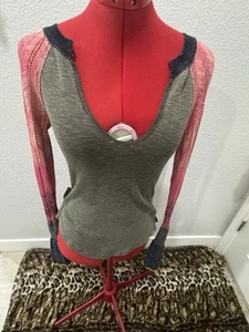 Free People Boho-Top moosgrün meliert Sonnenschein Baumwolle Thermo Glockenmanschette - Bild 1 von 7