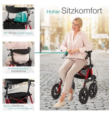 Outdoor Rollator mit Luftbereifung  Sitzfläche faltbar und leicht mit Sitz Weiß  - Bild 1 von 4