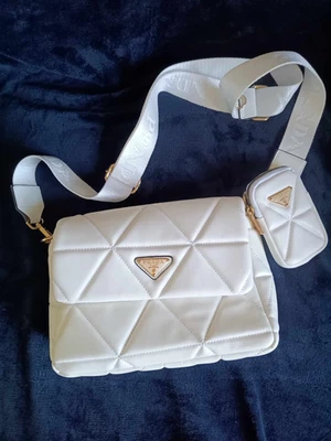 PRADA System Nappa Patchwork Shoulder Bag In White + mini shearling white bag - Image 1 of 4
