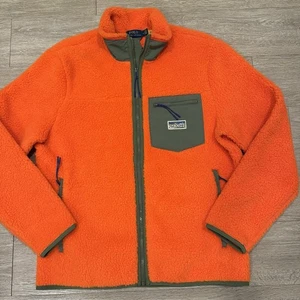 Polo Ralph Lauren Jacket Orange Full Zip Mock Neck Faux Fur Sherpa Pile L - Picture 1 of 10