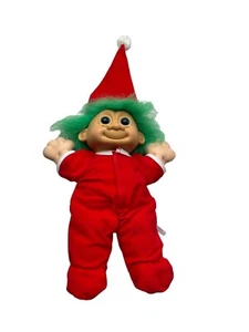 Russ Holiday Soft Body Baby Troll Green Hair Pointed Hat Red Pajamas 12” - Picture 1 of 6