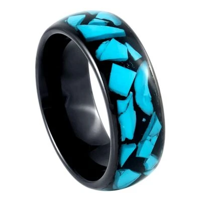 Anillo de tungsteno banda negro IP enchapado azul turquesa fragmentos para hombre y mujer Foto 1 de 4