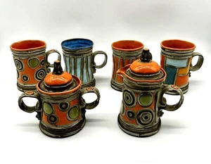 4 Signed Boyan Moskov Pottery Coffee Mugs Cream Sugar Dot Trash Can Color Block - Picture 1 of 16